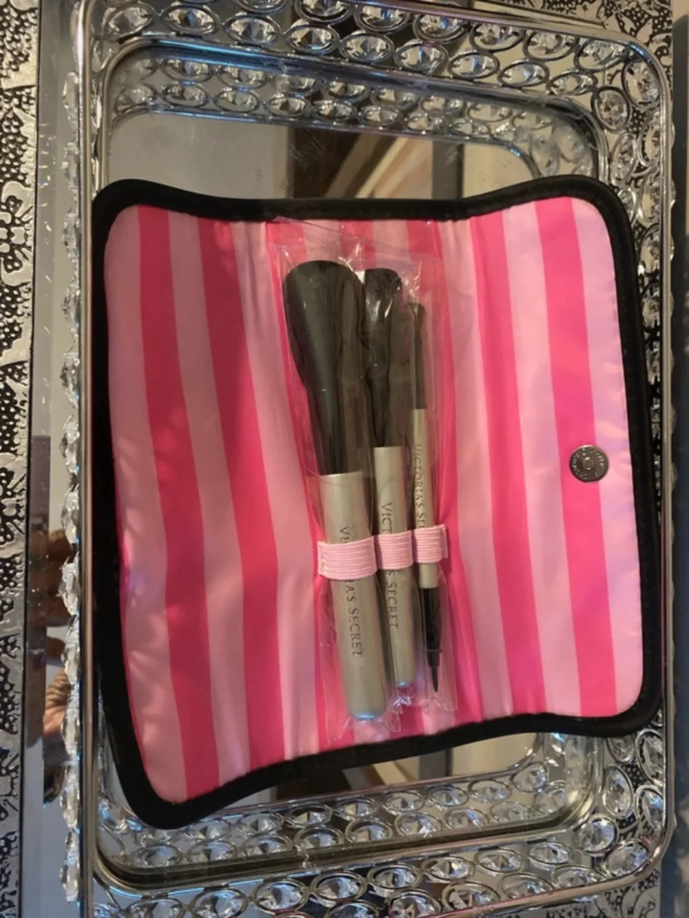 Silver Handle Brush Trio with Pink Striped Pouch